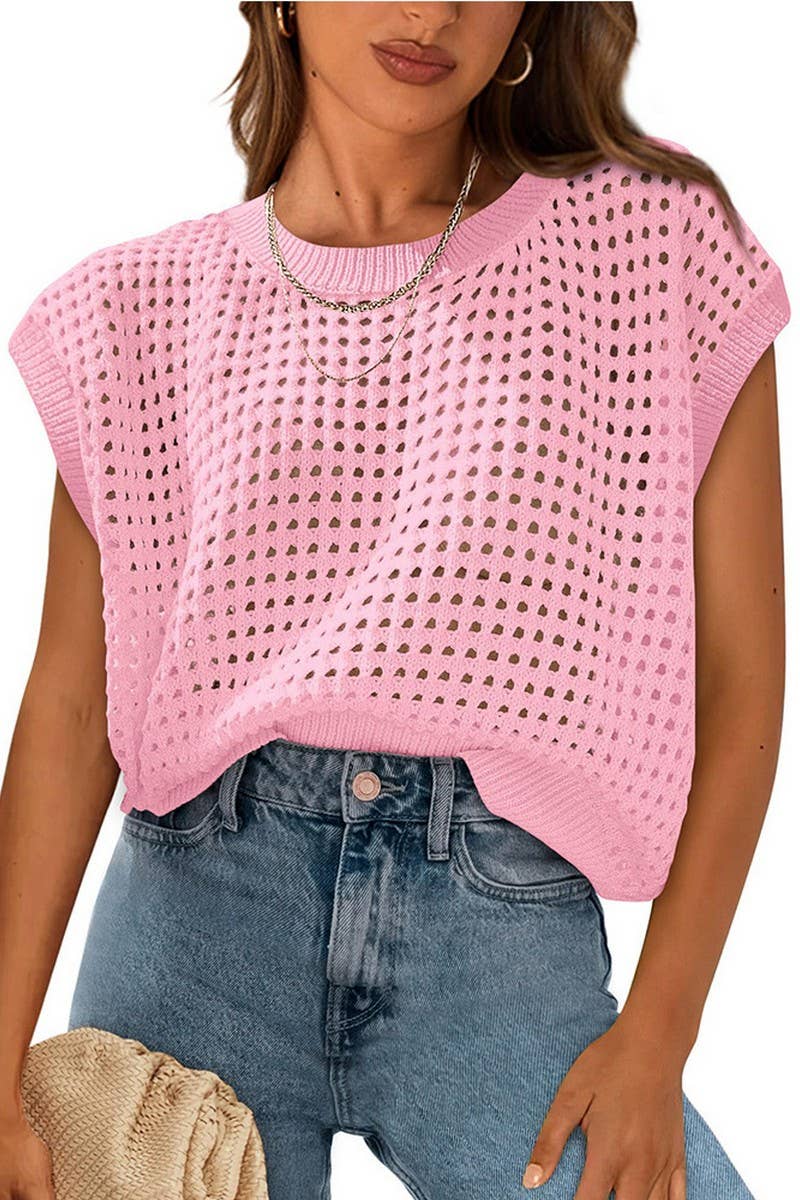 CWTTS1365_SUMMER HOLLOW SUN PROTECTION KNITTED TOP