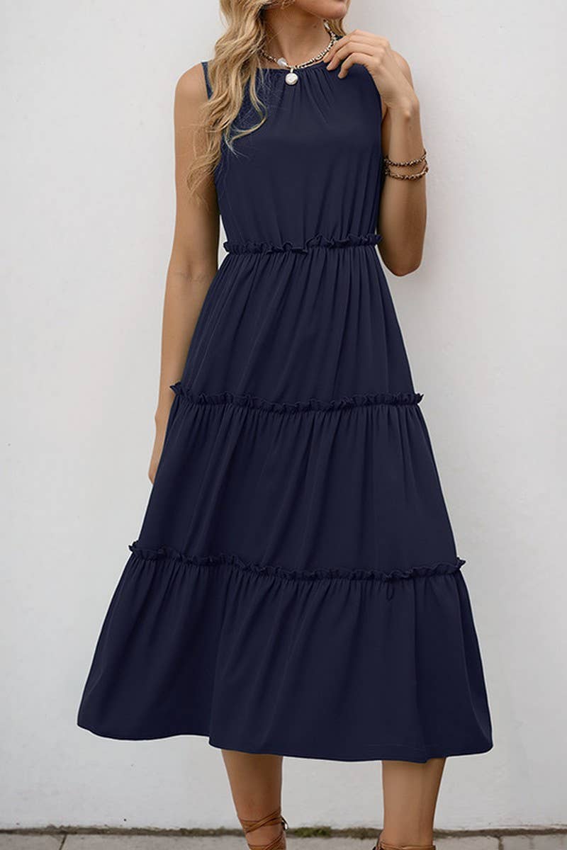 CWDMD5773_SOLID RUFFLED SLEEVELESS PLEATED MIDI DRESS