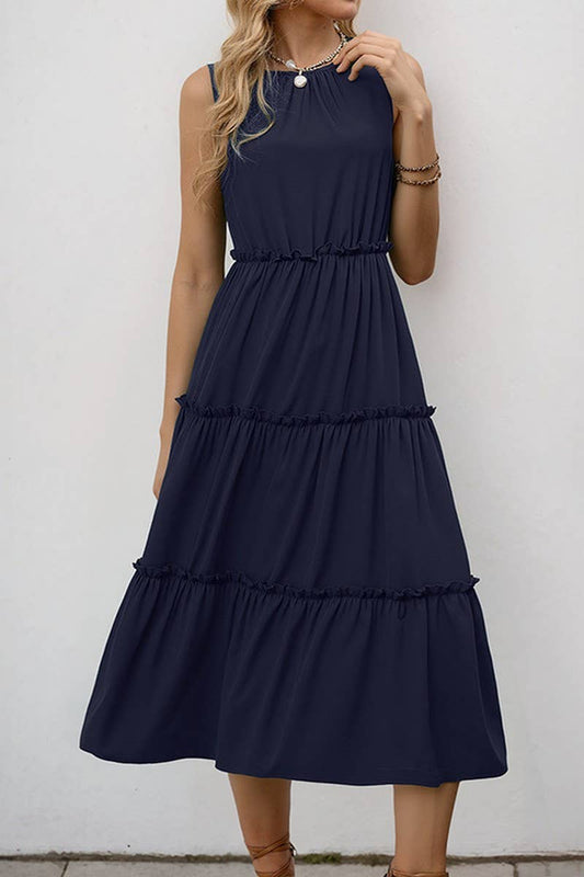 CWDMD5773_SOLID RUFFLED SLEEVELESS PLEATED MIDI DRESS