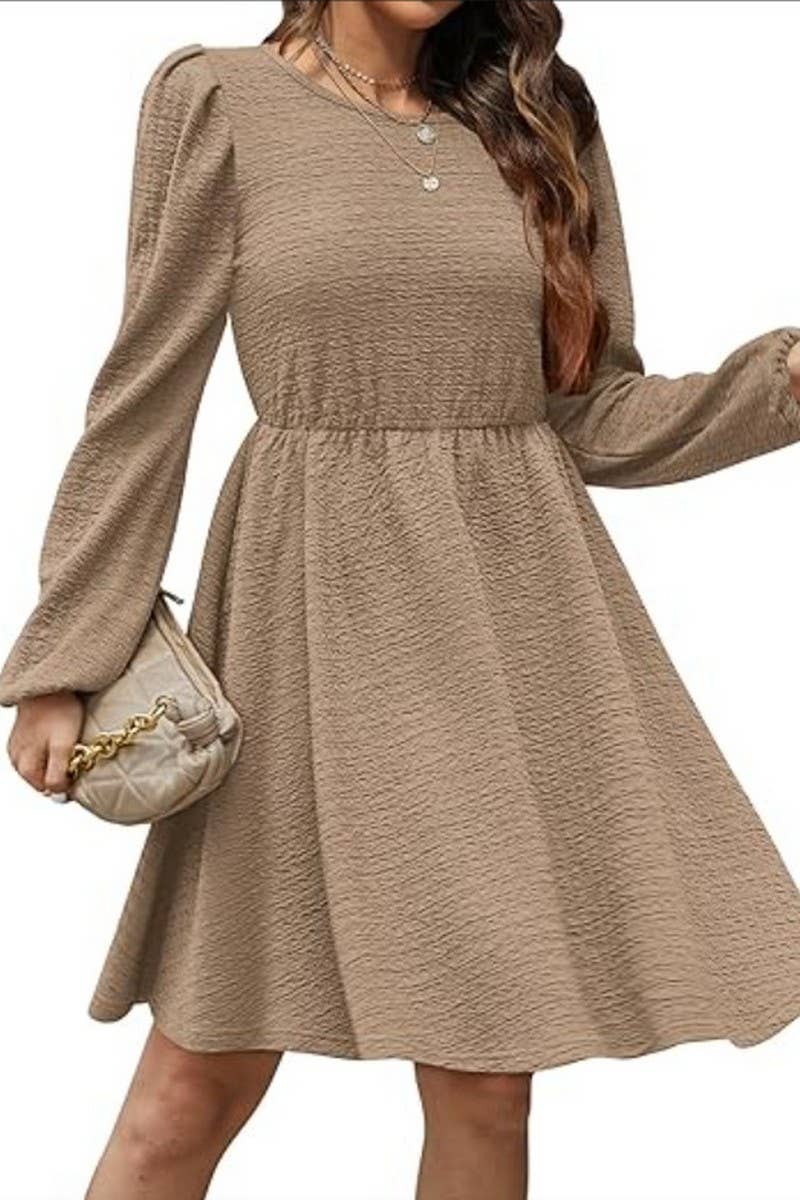 CWDSD10646_PUFF SLEEVE ROUND NECK HIGH WAIST DRESS