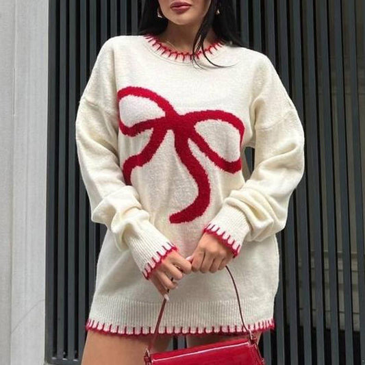 COLOR CONTRAST BOW JACQUARD ROUND NECK SWEATER