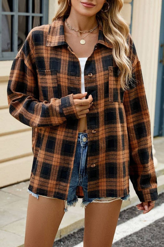 CWTSTL1711_STYLISH LONG SLEEVE POCKET PLAID SHIRT TOP