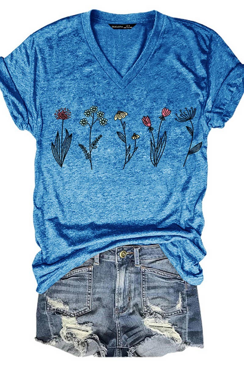 CWTTS1067_SMALL FLOWER PRINT V NECK SHORT SLEEVED T SHIRT