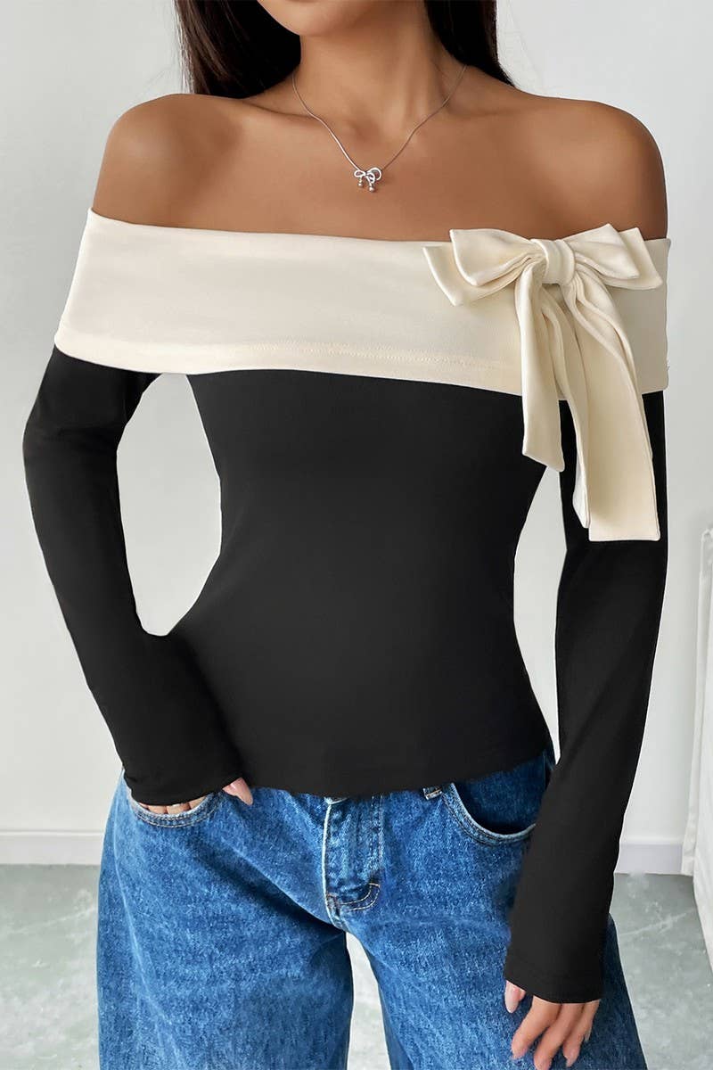 CWTBLL00731_BOW COLORBLOCK OFF-THE-SHOULDER T-SHIRT