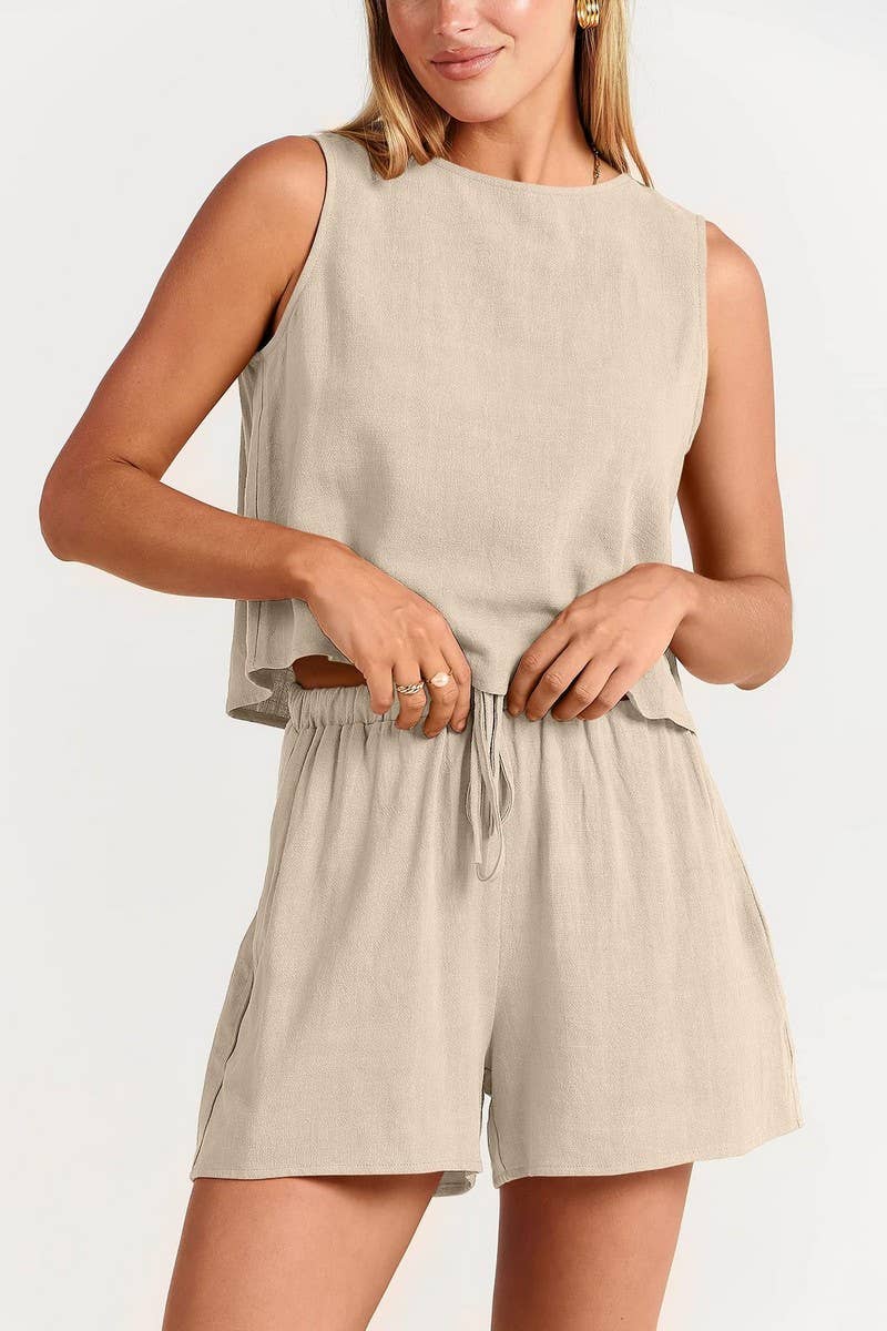 CWSTB1594_SOLID COLOR SLEEVELESS TOP SHORTS TWO PIECE SET