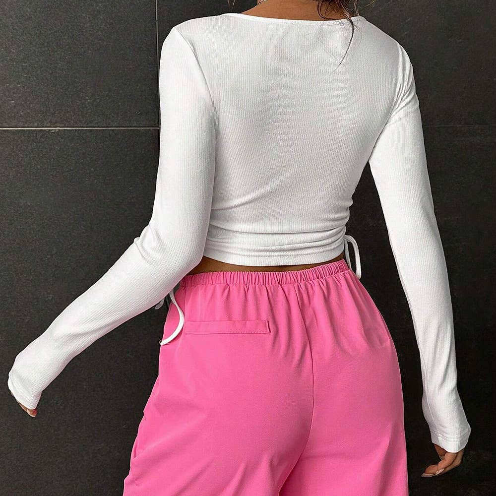 DRAWSTRING V-NECK LONG SLEEVE SHORT T-SHIRT