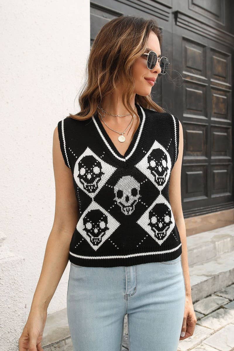 CWOV0484_HALLOWEEN SKULL JACQUARD KNIT SWEATER VEST