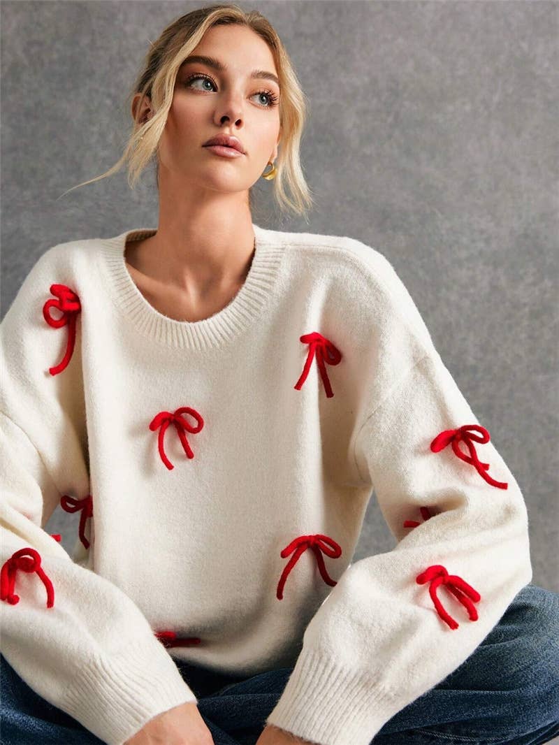 Bowknot adornment easing round neck sweaters