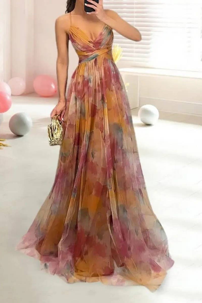 CWDMD01003_MESH PRINTED SUSPENDER CASUAL PARTY DRESS