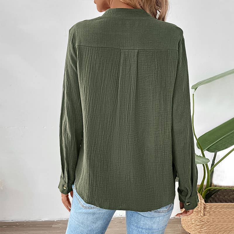 BUTTON-DOWN V-NECK SOLID COLOR PULLOVER SHIRT