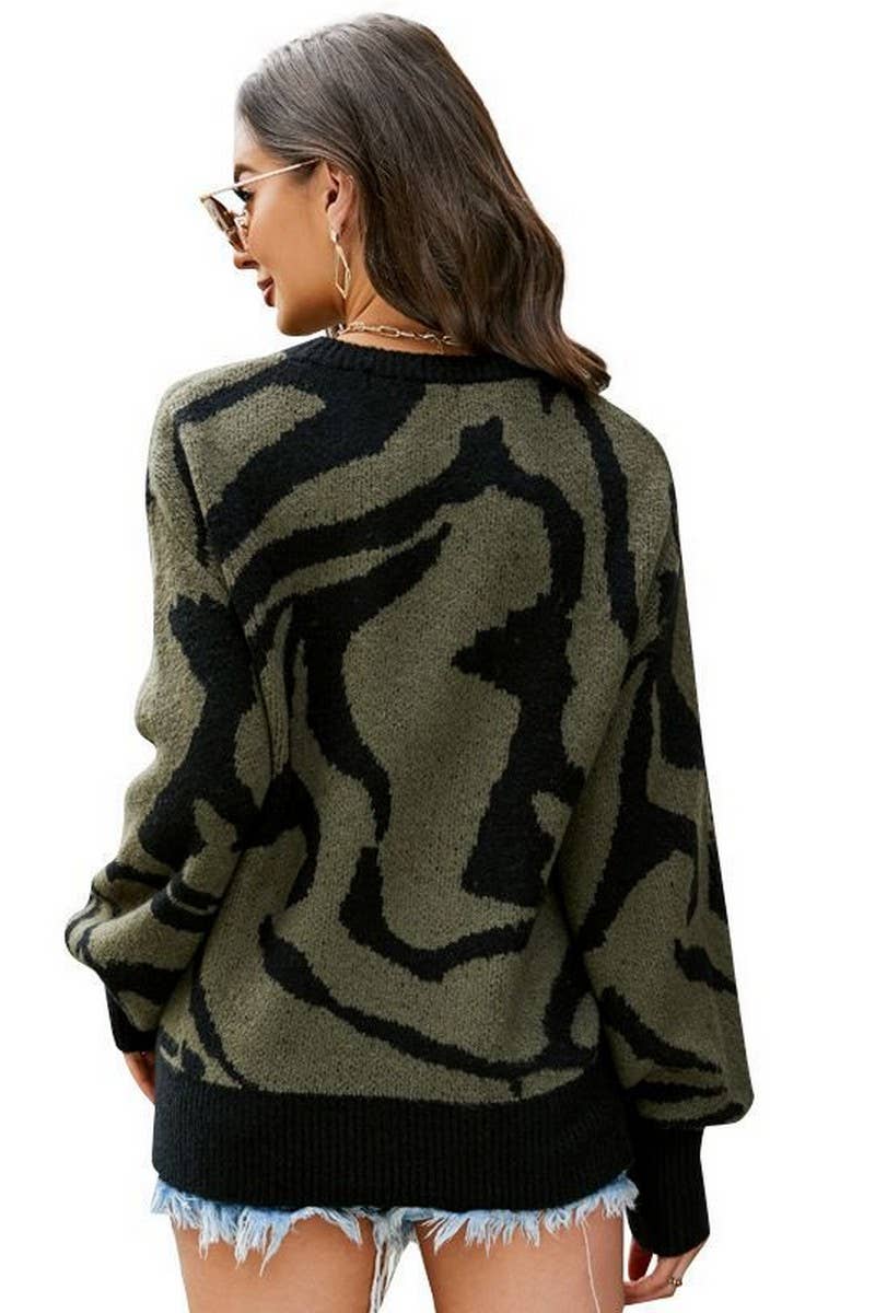 CWOSWL2702_CONTRAST ZEBRA PRINT PUFF SLEEVE LOOSE KNIT TOP