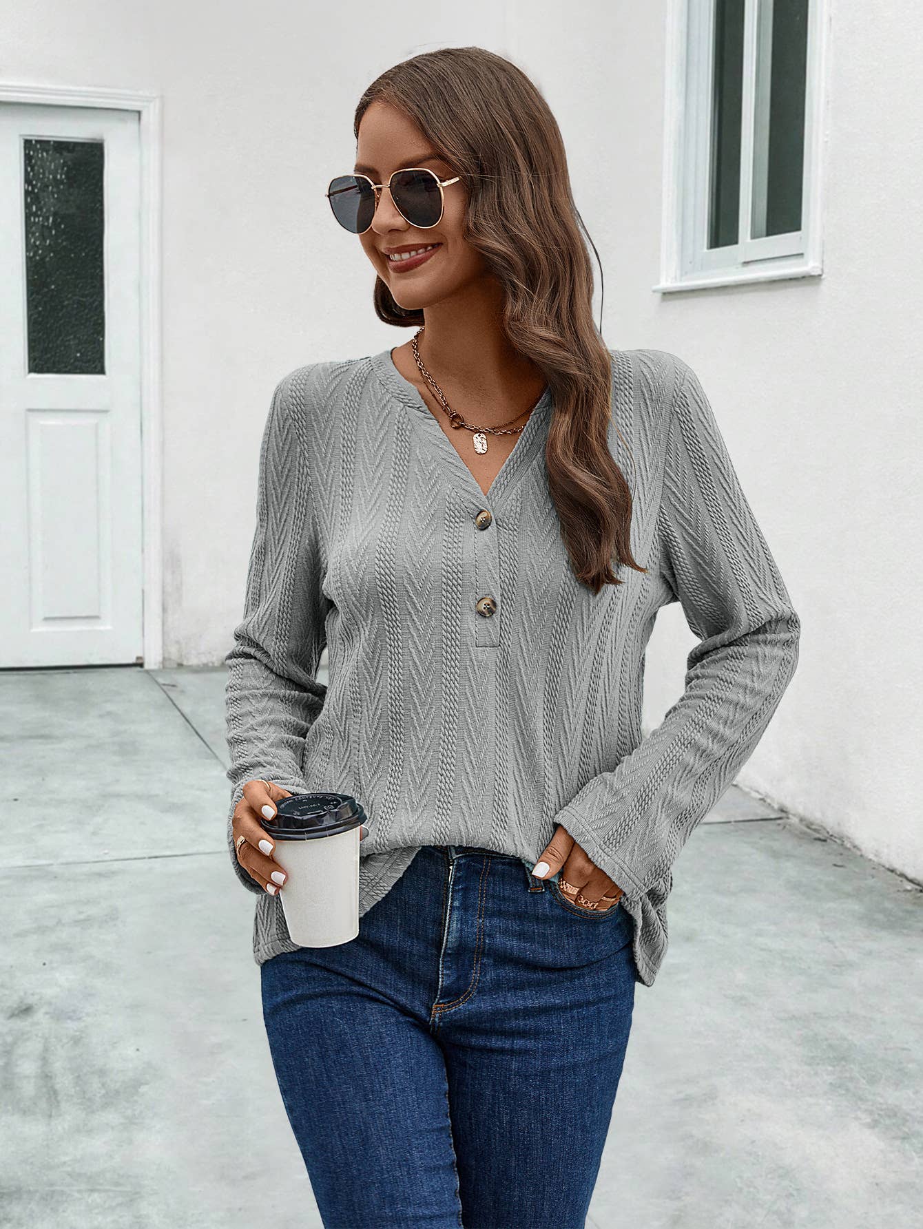 BUTTON KNIT FABRIC LONG SLEEVE TOP