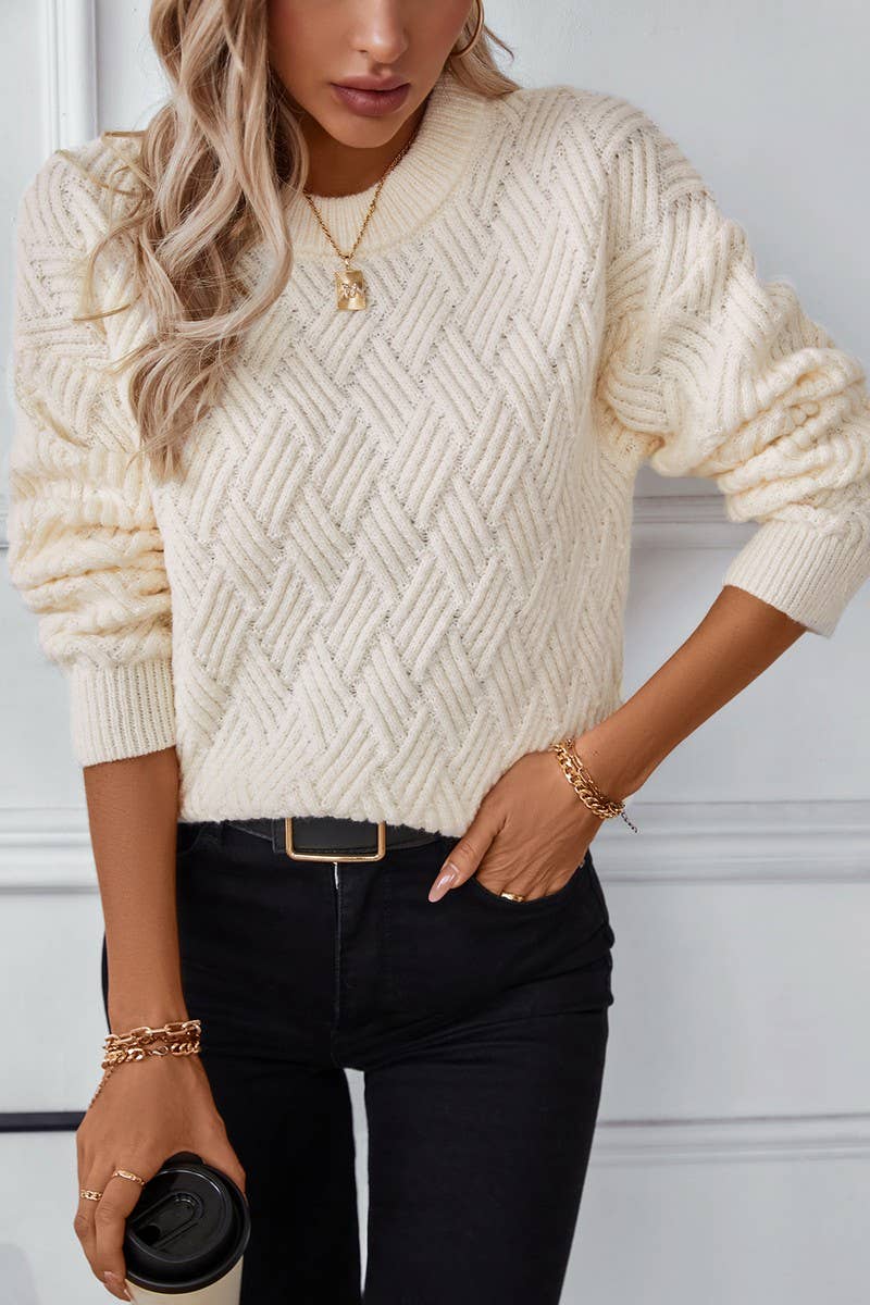 CWOSWL2831_SOLID COLOR CABLE KNIT CREWNECK SWEATER