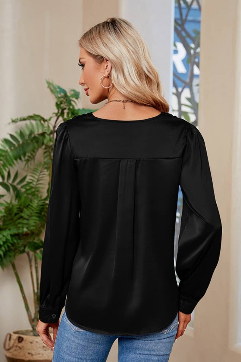 CWTBLL2445_SATIN V-NECK PLEATED LONG-SLEEVED SHIRT TOP