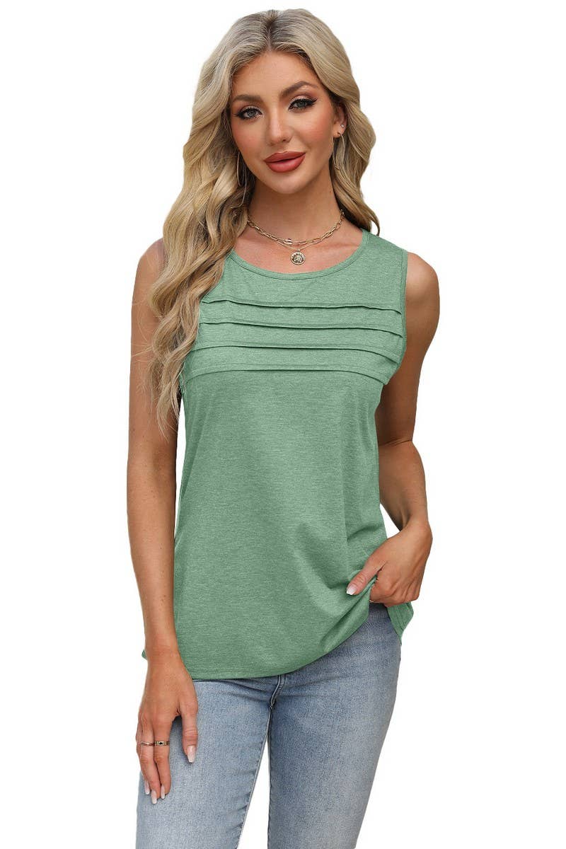CWTBLSL0668_SOLID COLOR U-NECK PLEATED VEST T-SHIRT TOP