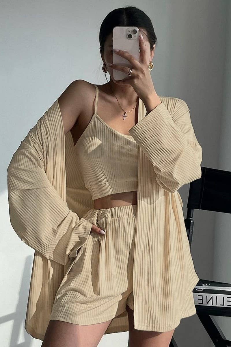 CWSPJ0402_KNITTED LONG SLEEVE SUSPENDER SHORTS PAJAMA SET