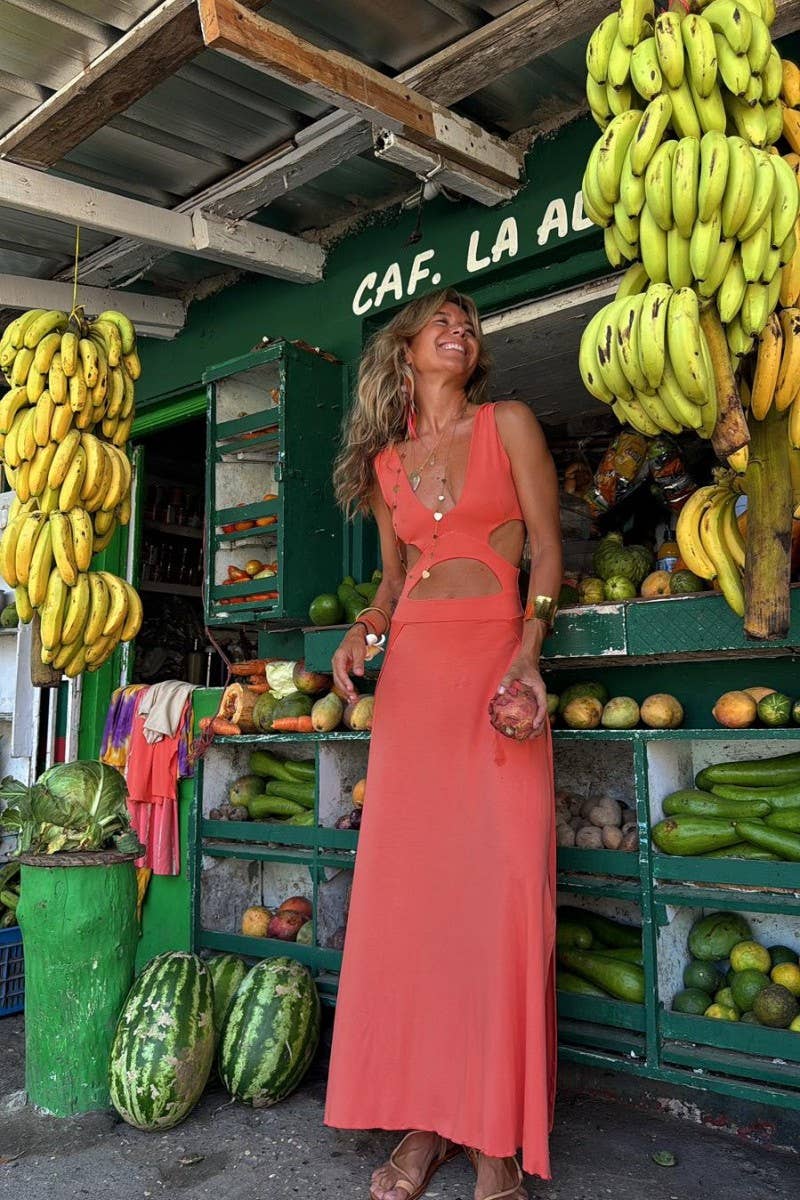 CWDMD5845_SUMMER V-NECK WAIST-BARING SEXY SLIM DRESS