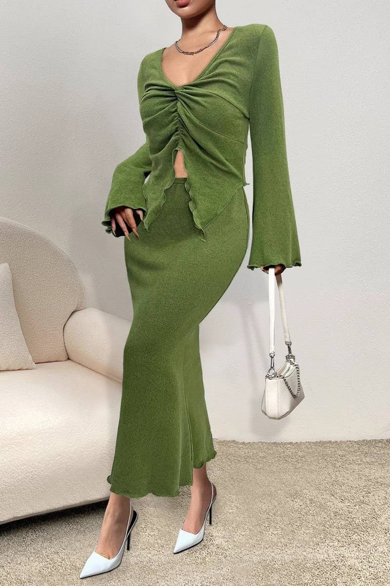 CWSS1131_BELL SLEEVE SHORT TOP AND FISHTAIL SKIRT SET