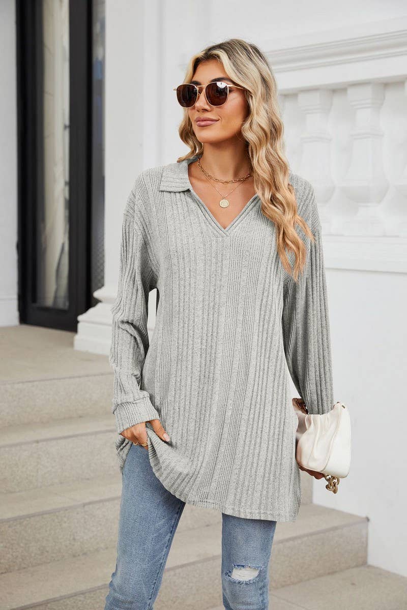 CWTBLL3668_FLIP COLLAR SLIT LONG SLEEVED LOOSE T-SHIRT TOP