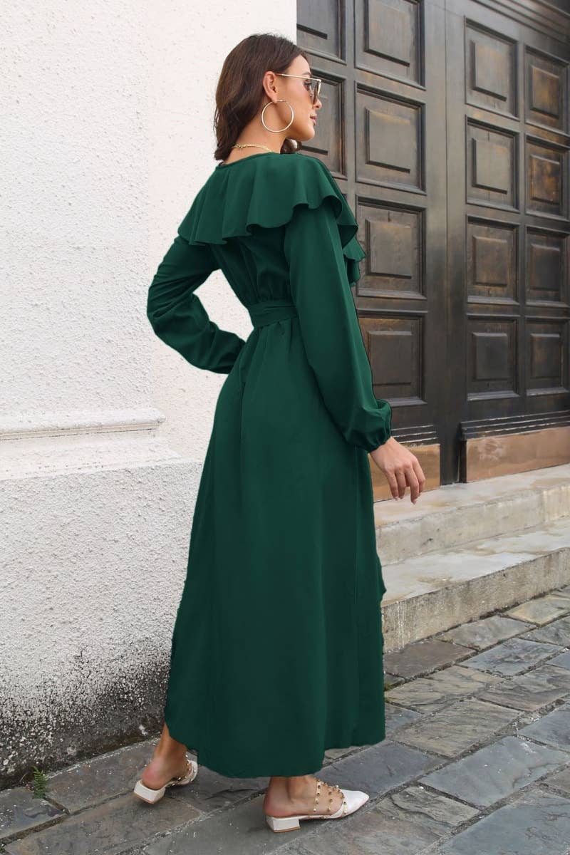 CWDMD3959_AUTUMN RUFFLED LONG-SLEEVED LACE-UP DRESS