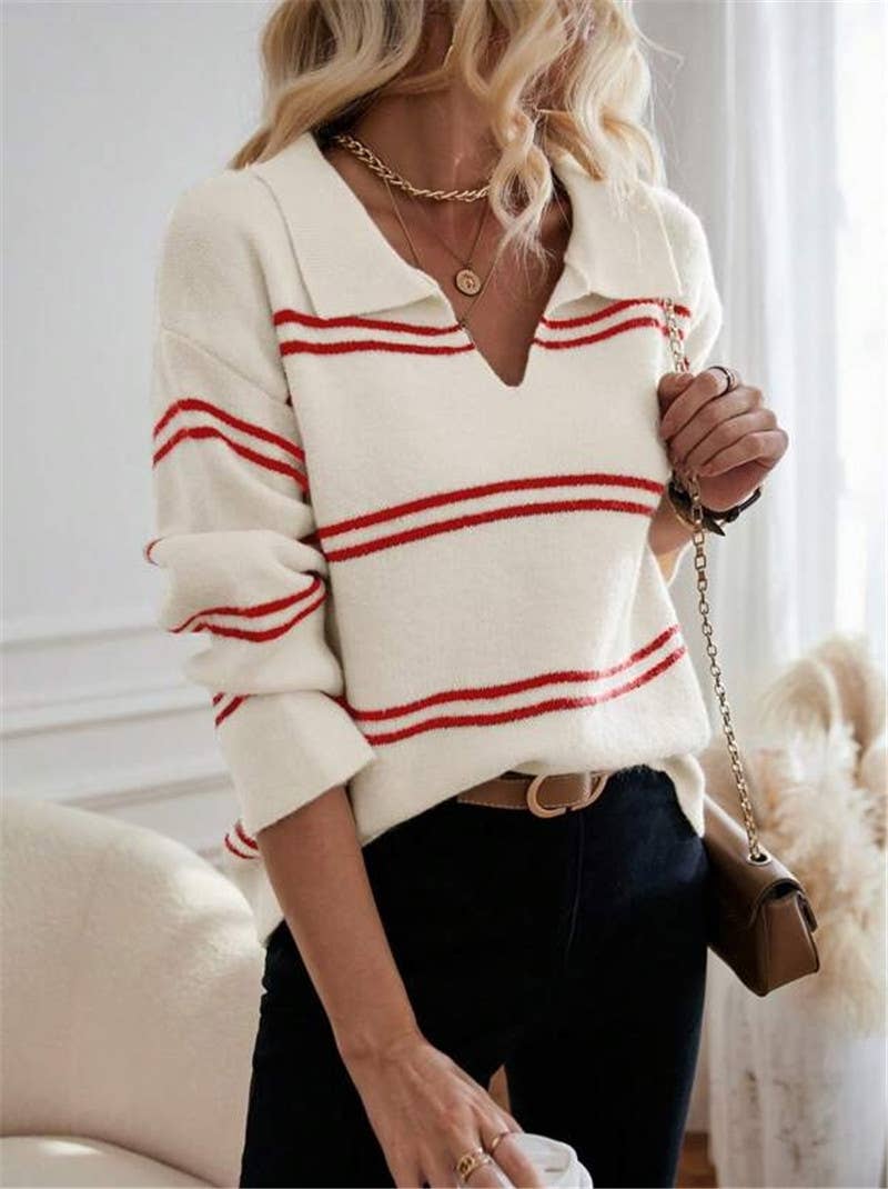 Color-blocking striped polo neck knitted sweater