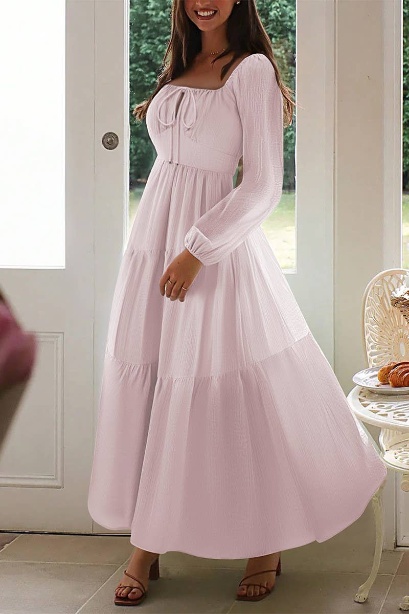 CWDMD01183_LONG SLEEVE SQUARE NECK CASUAL VACATION DRESS