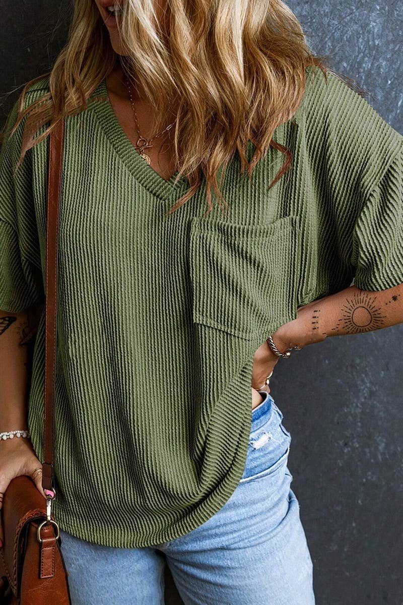 CWTTS1382_SUMMER FASHION POCKET SHORT SLEEVE V NECK TOP