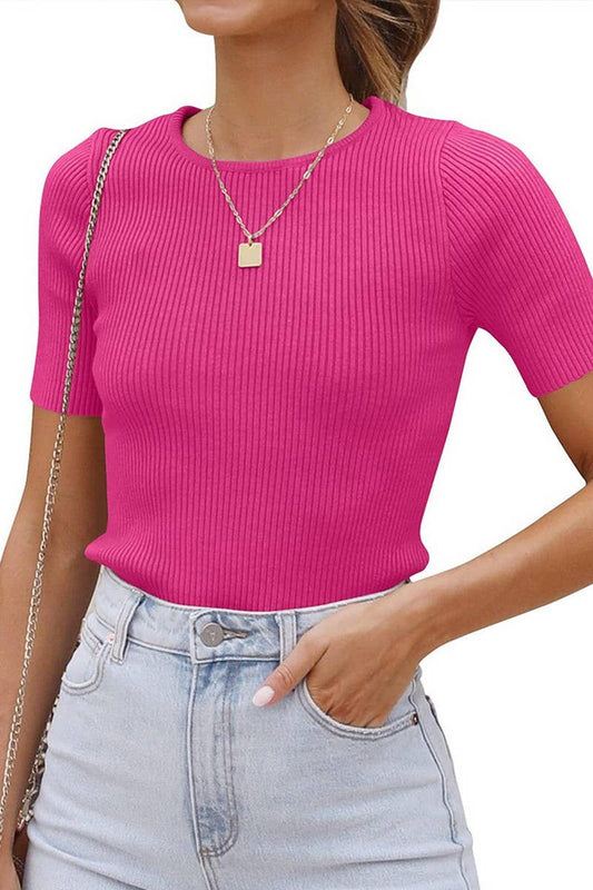 CWTBLS1708_SOLID COLOR ROUND NECK TIGHT KNIT TOP