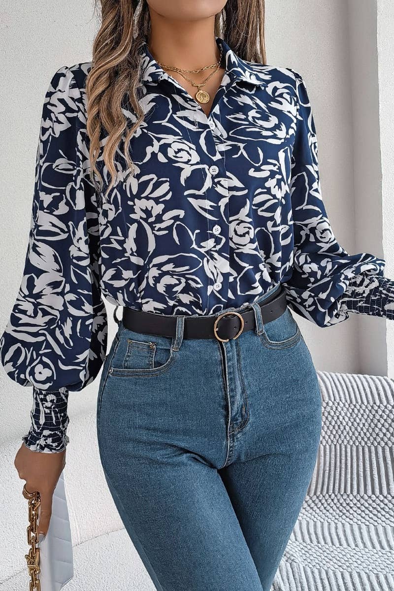 CWTSTL2127_AUTUMN FLOWER PRINT LANTERN SLEEVE SHIRT