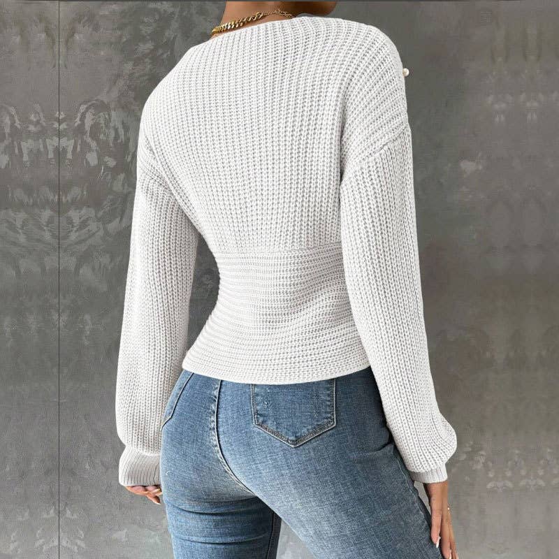 Beaded one-shoulder slimming knitted sweater