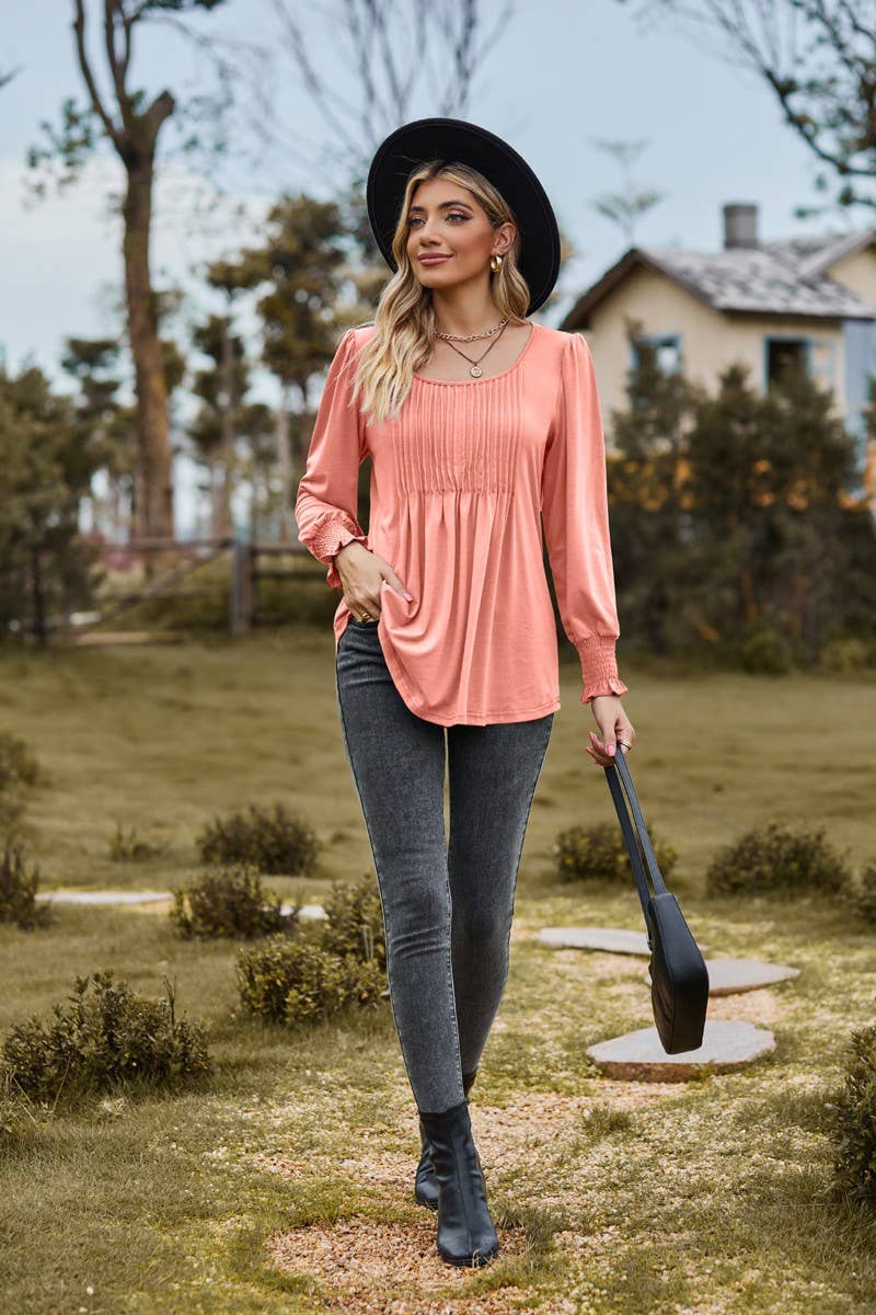 CWTBLL3687_NEW AUTUMN SOLID COLOR ROUND NECK DRAW CUFFS TOP