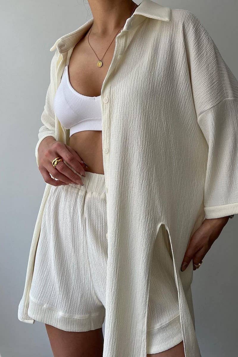 CWSTB1364_SOLID COLOR SLIT MID-SLEEVE SHIRT AND SHORTS SET