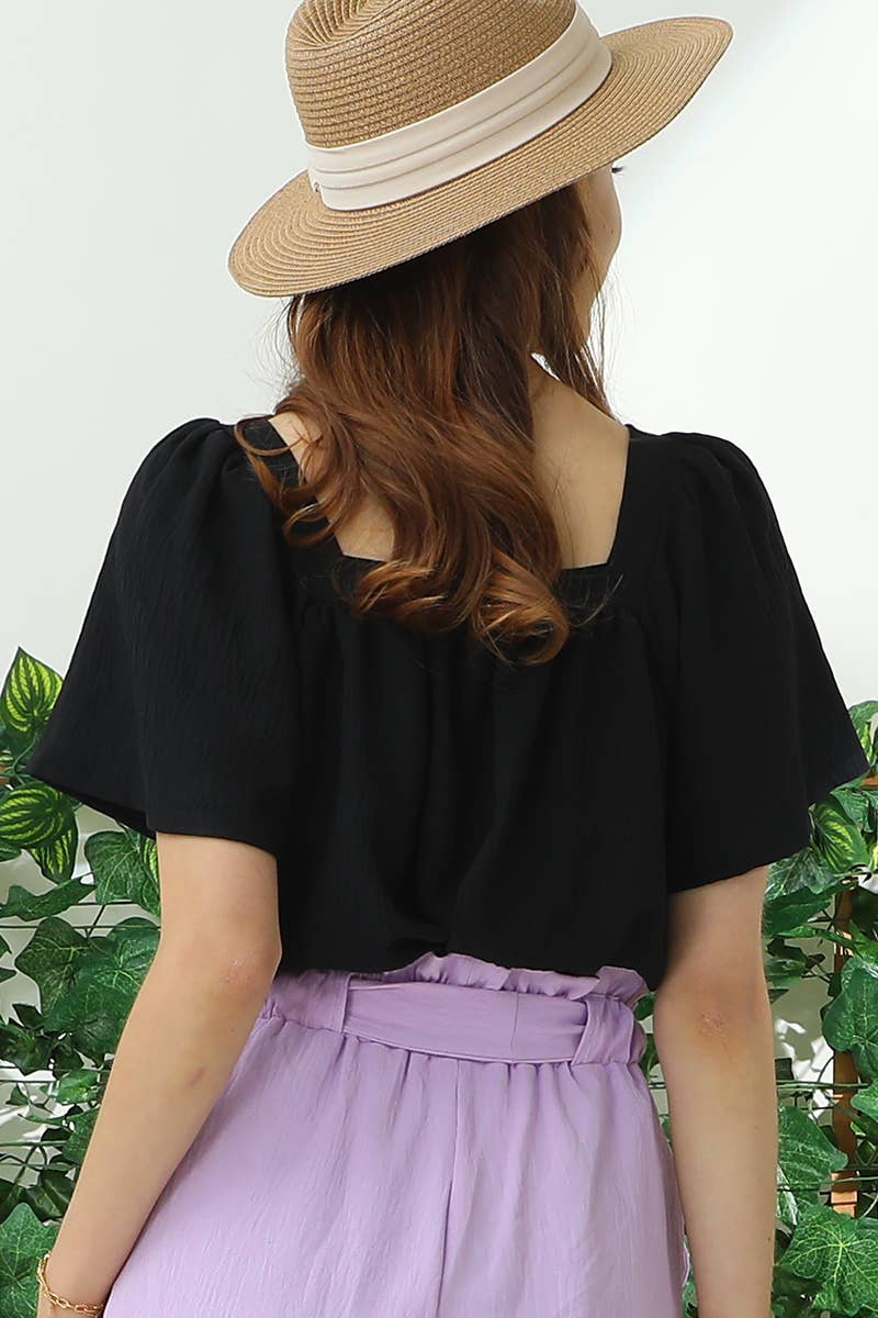 CWTBLS192_SQURE NECK RUFFLE NECK SHORT SLEEVE BLOUSES TOP