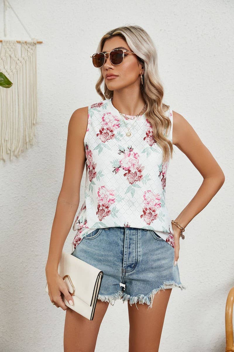 CWTBLSL0350_ROUND NECK SLEEVELESS PRINTED VEST T-SHIRT