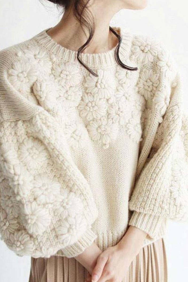 CWOSWL6960_EMBROIDERED 3D DAISY PULLOVER KNIT SWEATER