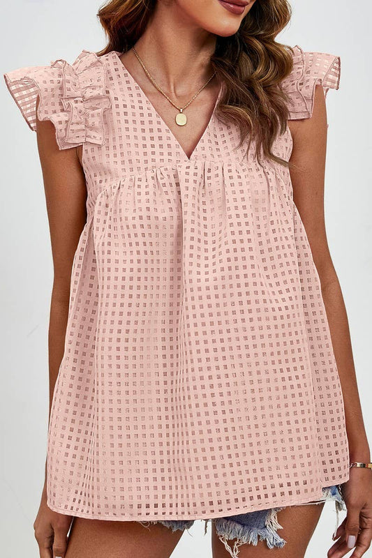CWTBLSL0704_V-NECK RUFFLE SLEEVES SEMI-SHEER PLAID TOP