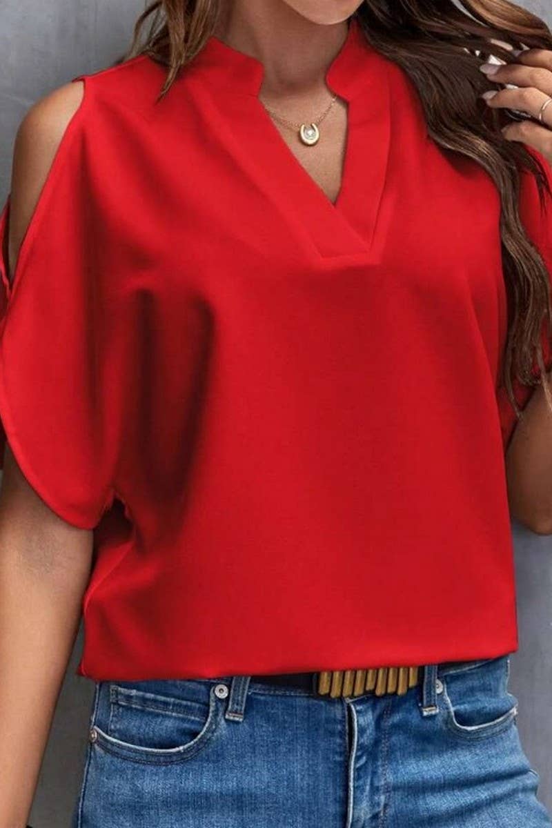 CWTBLS0609_SOLID COLOR V NECK OFF SHOULDER LOOSE CHIFFON TOP
