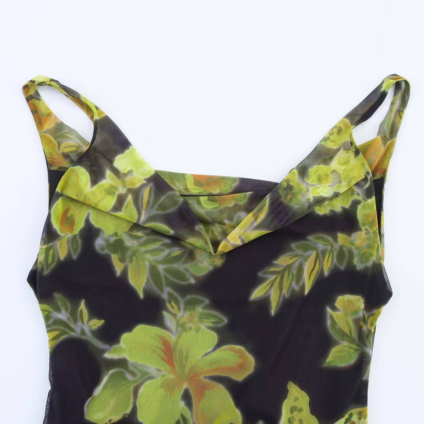 Cinched waist printed mesh short halter dress