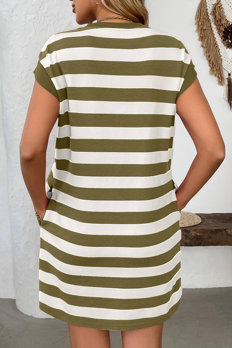 CWDSD7140_ROUND NECK STRIPED POCKET SHORT SLEEVE DRESS