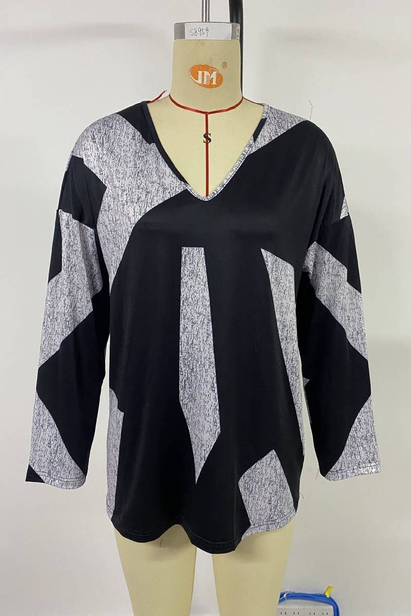 CWTHT0157_NEW LONG-SLEEVED CASUAL LOOSE COLOR-BLOCKED TOP