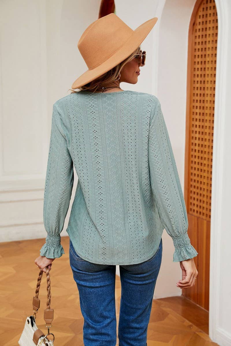 CWTBLL2389_V-NECK LACE STITCHING LONG-SLEEVED PULLOVER
