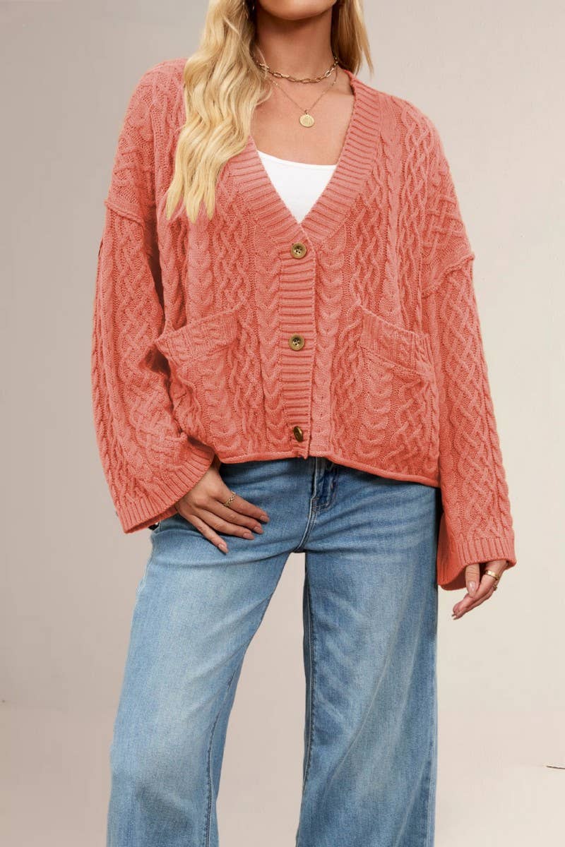 CWOCAL00778_LOOSE FIT CABLE KNIT POCKET CARDIGAN