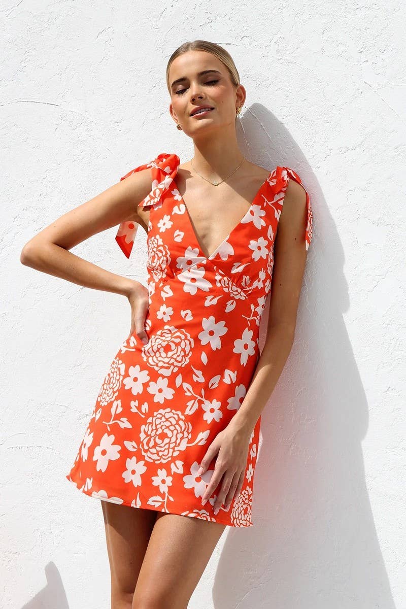 CWDSD8418_SUMMER NEW V-NECK LACE-UP MINI SUSPENDER DRESS