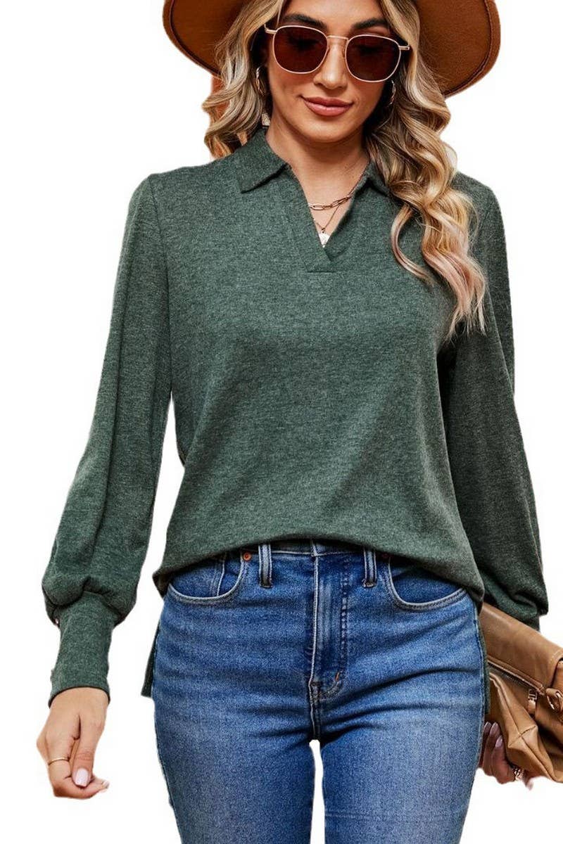 CWTBLL2398_SOLID COLOR POLO NECK LONG SLEEVE BUTTON PULLOVER