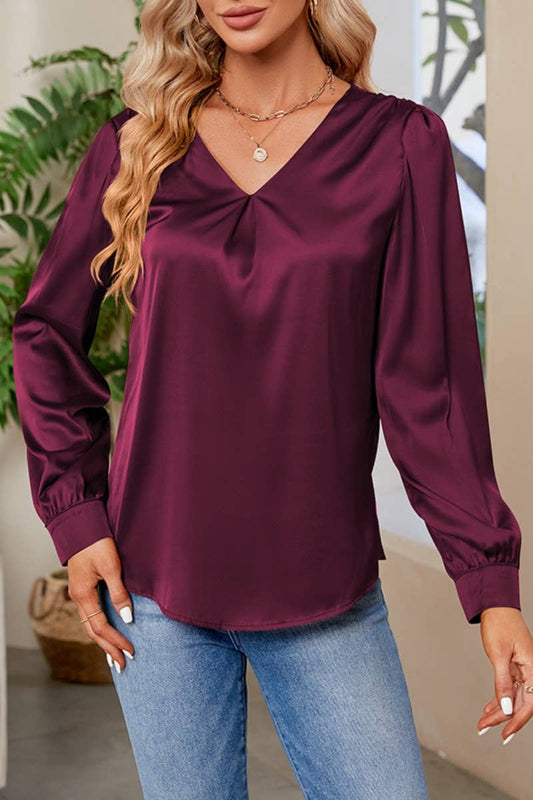CWTBLL2445_SATIN V-NECK PLEATED LONG-SLEEVED SHIRT TOP