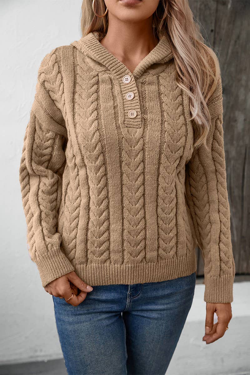 CWOSWL2807_BUTTON CABLE-KNIT HOODED SWEATER