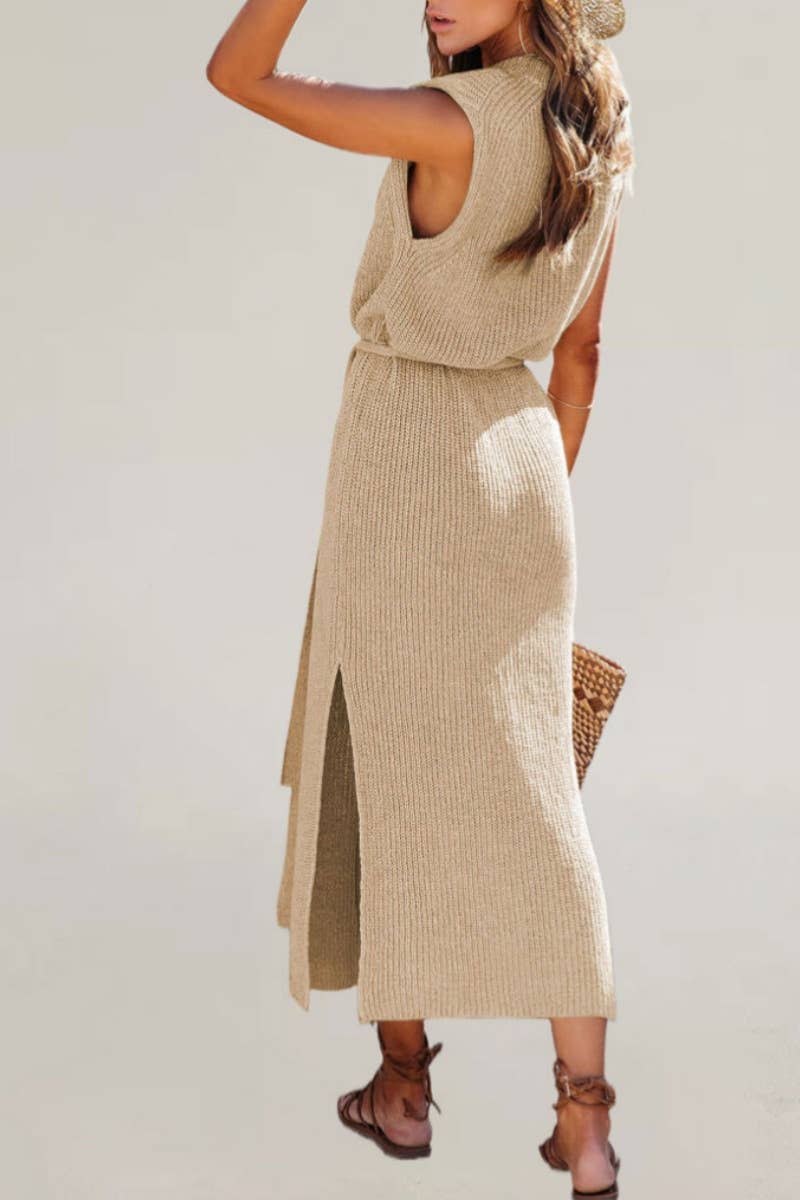 CWDMD2089_CREW NECK SLEEVELESS LACE-UP DRESS WITH SLIT