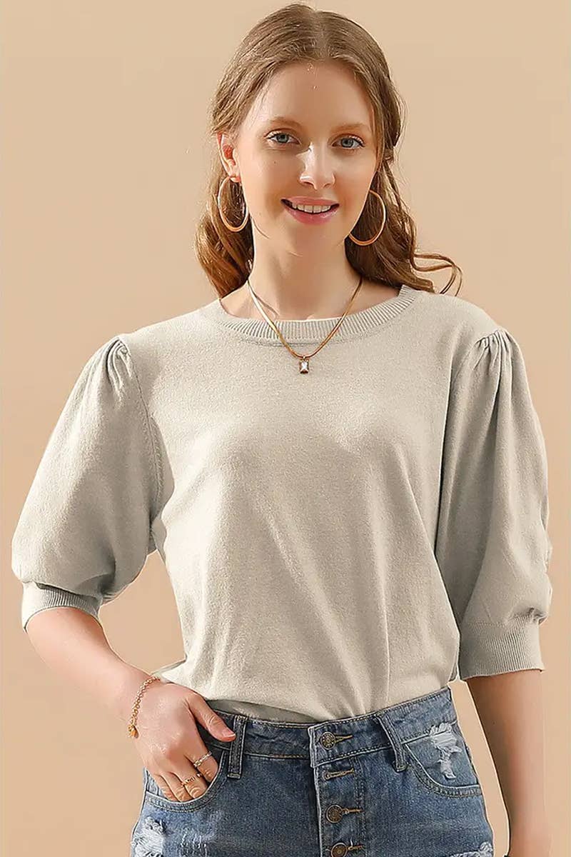 CWTTS1310_SPRING AND SUMMER ROUND NECK PLEATED SWEATER