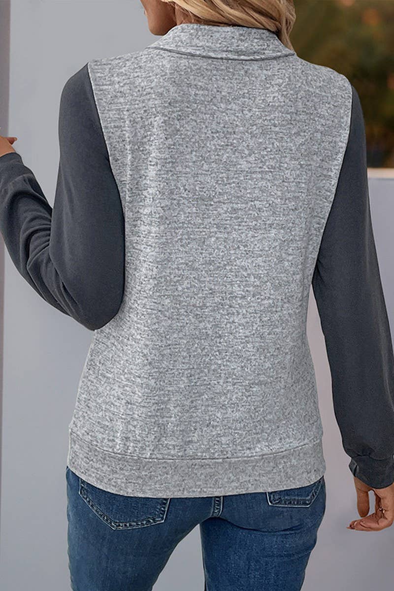 CWTBLL3707_CASUAL PULLOVER LAPEL CONTRAST COLOR SWEATSHIRT