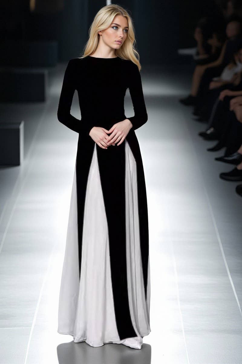 CWDMD01028_BLACK AND WHITE STITCHING LONG-SLEEVED DRESS